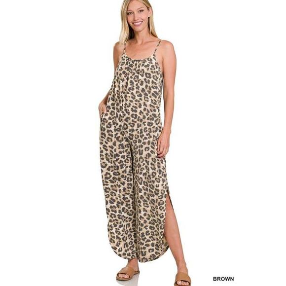 Zenana Cheetah Print Jumpsuit Stretch Side Slit Soft Brushed Lounge Chic Medium - Picture 1 of 8